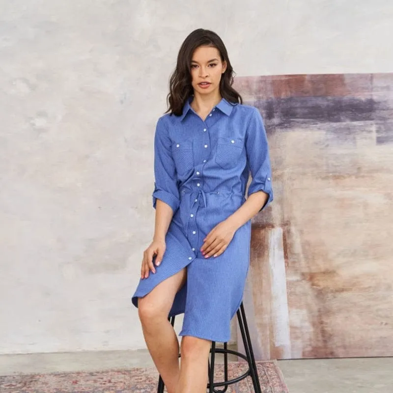 3/4 sleeves Blue Shirt Dress