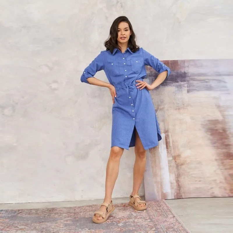 3/4 sleeves Blue Shirt Dress