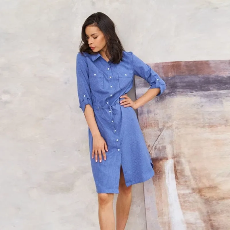 3/4 sleeves Blue Shirt Dress