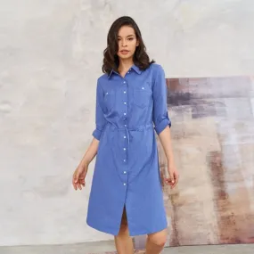 3/4 sleeves Blue Shirt Dress