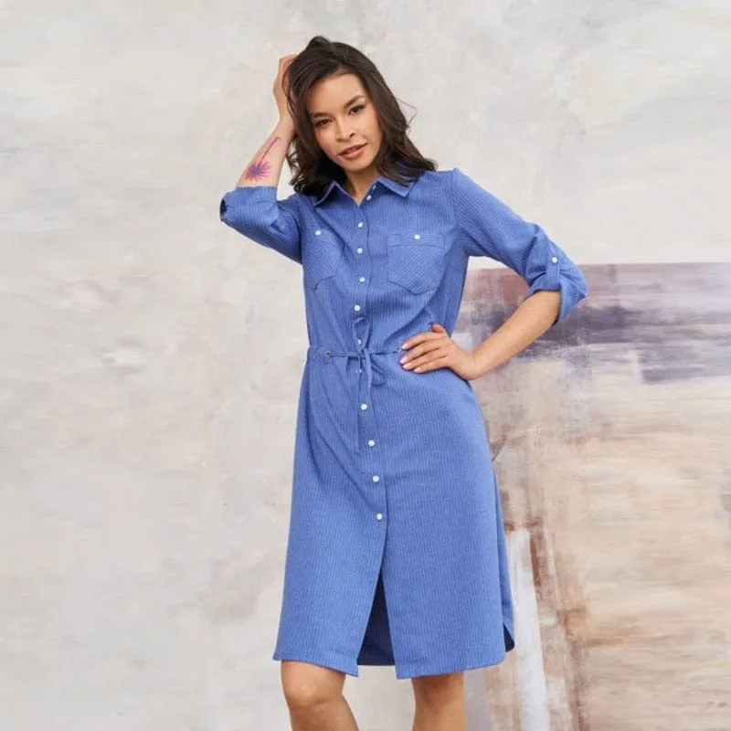 3/4 sleeves Blue Shirt Dress