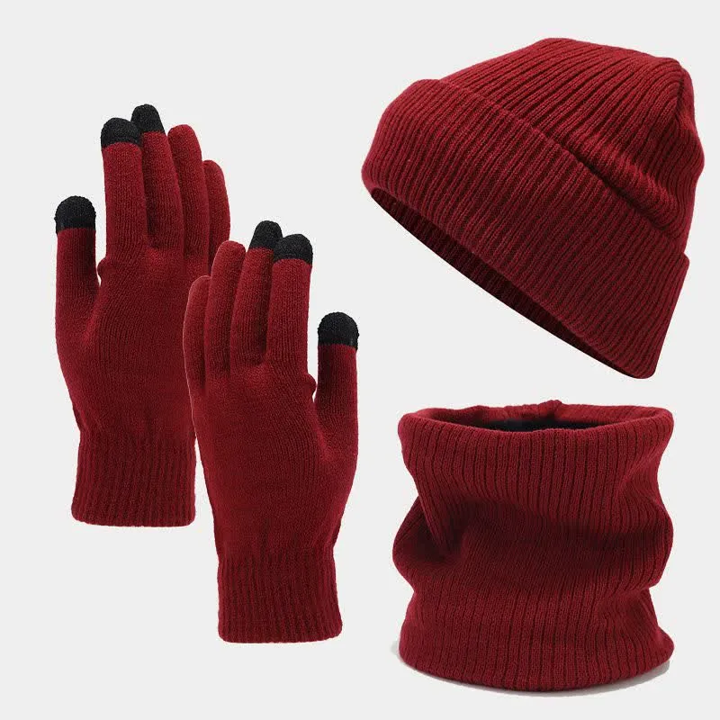 3Pcs Unisex Solid Color Twill Hat Scarf Gloves Set