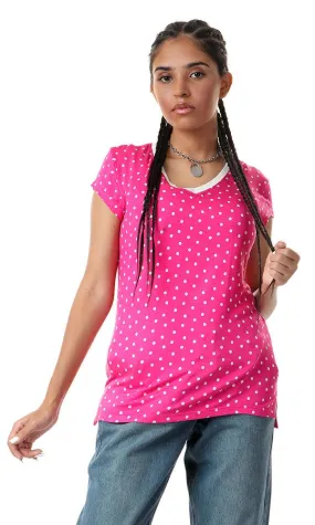 93172 Polka Dots V-Neck Soft Fuchsia Top