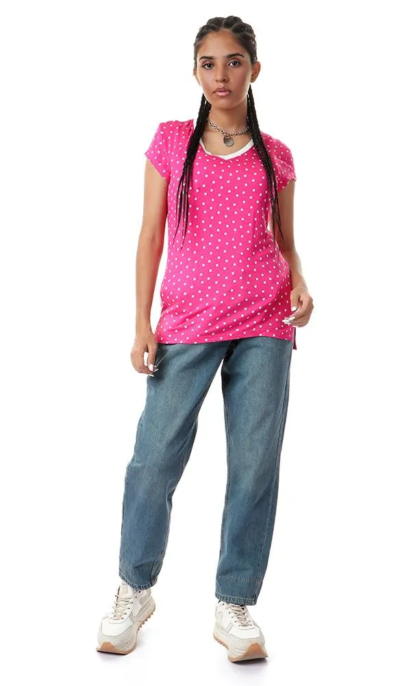 93172 Polka Dots V-Neck Soft Fuchsia Top