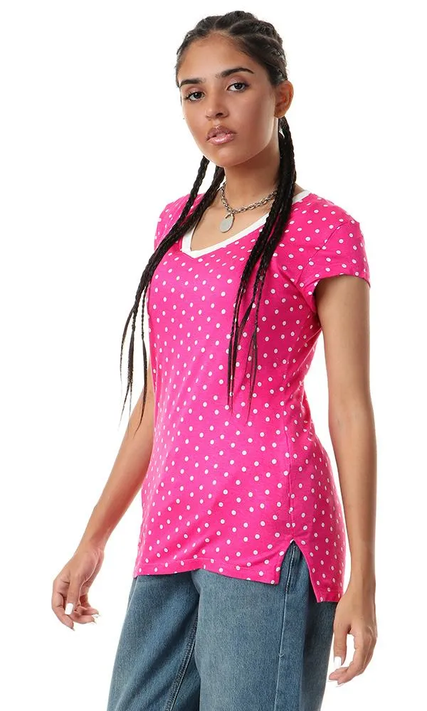 93172 Polka Dots V-Neck Soft Fuchsia Top