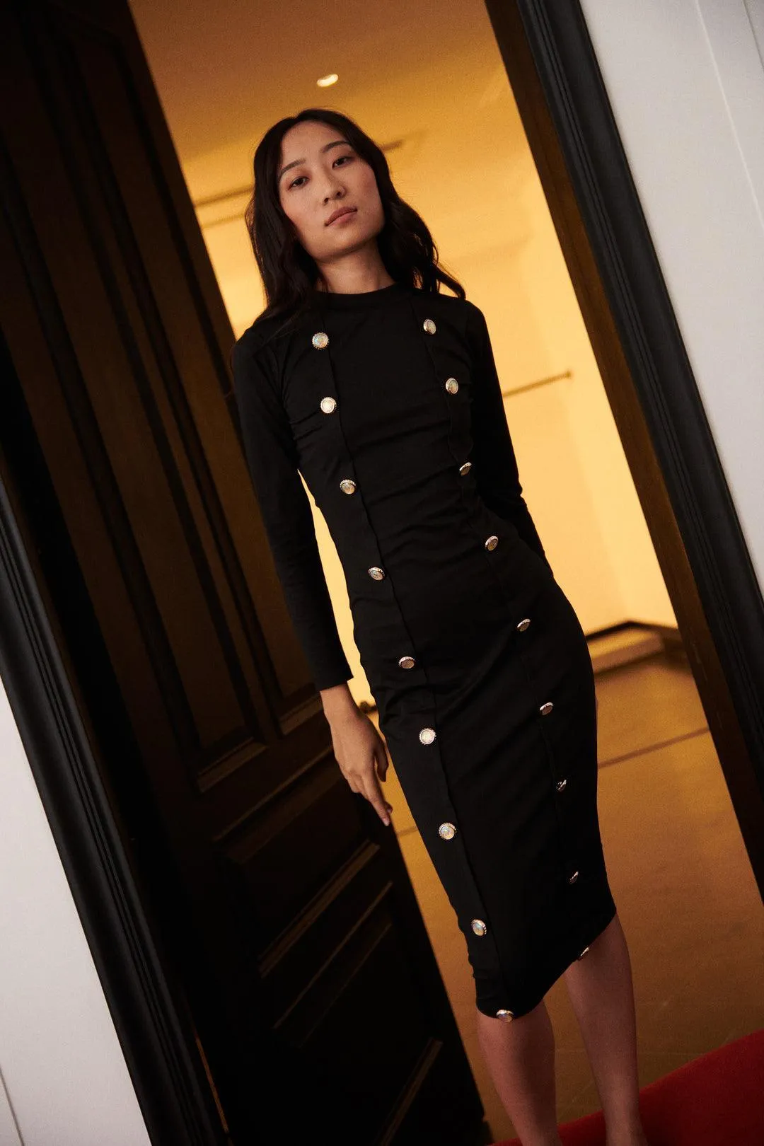 A black full sleeve bodycon dress