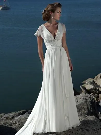 A-line V-neck Short Sleeves Beading Sweep Train Chiffon Beach Wedding Dress-709205