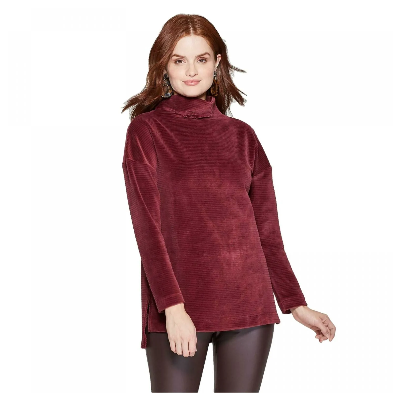 A New Day Women's Mock Turtleneck Velour Rib Knit Tunic Sweatshirt