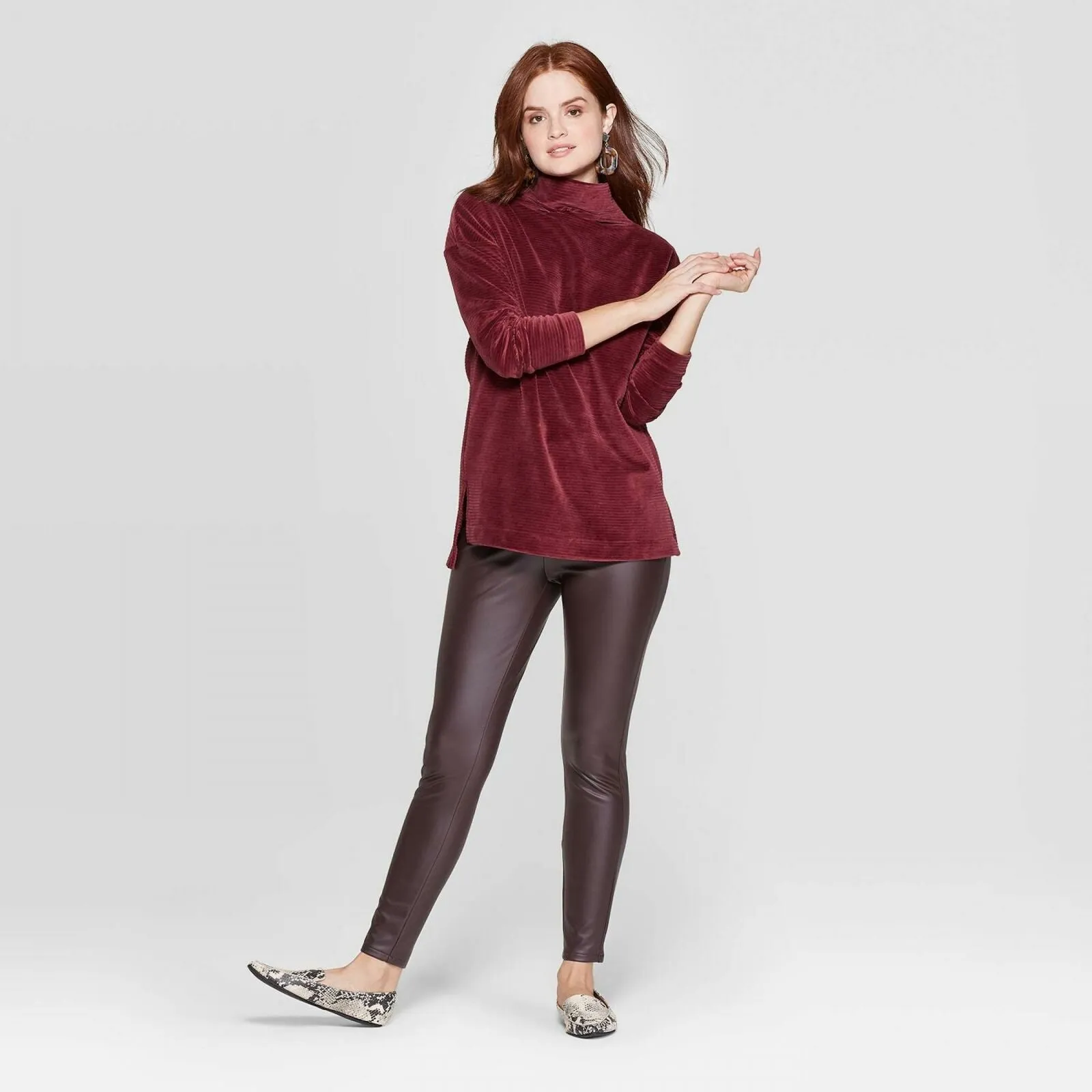 A New Day Women's Mock Turtleneck Velour Rib Knit Tunic Sweatshirt