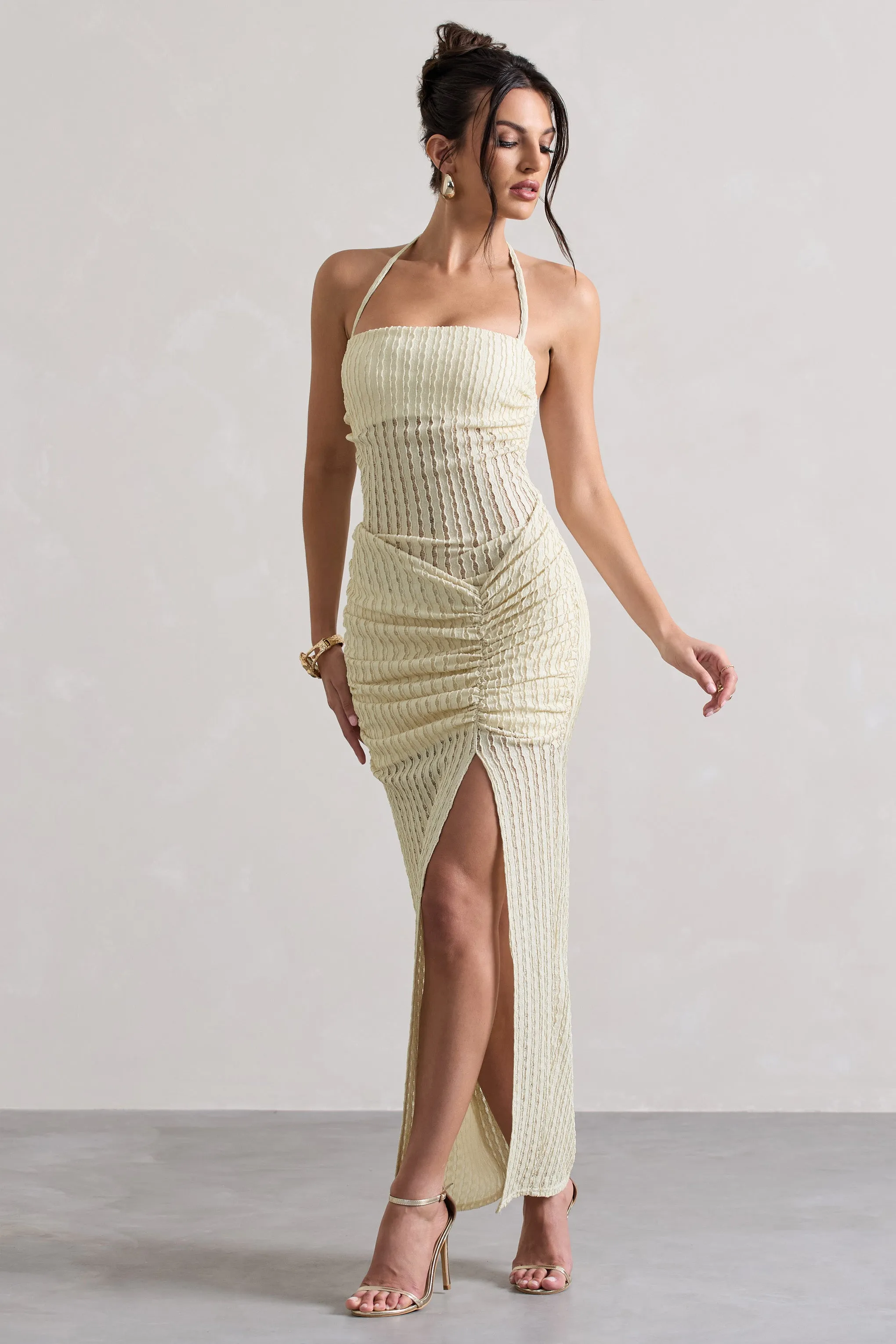 Amalfi | Ecru Textured Sheer Halter-Neck Maxi Dress