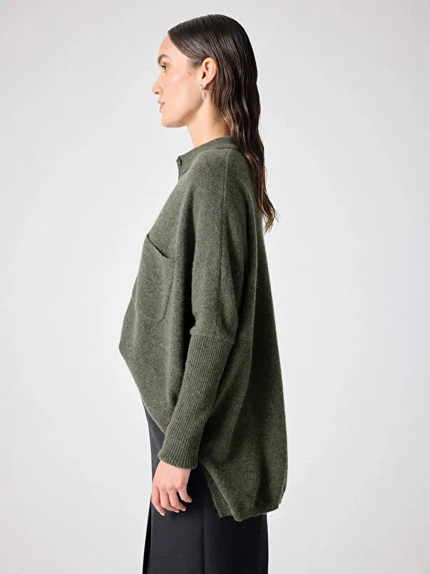 Andrea Khaki Cashmere Shirt Poncho Jumper