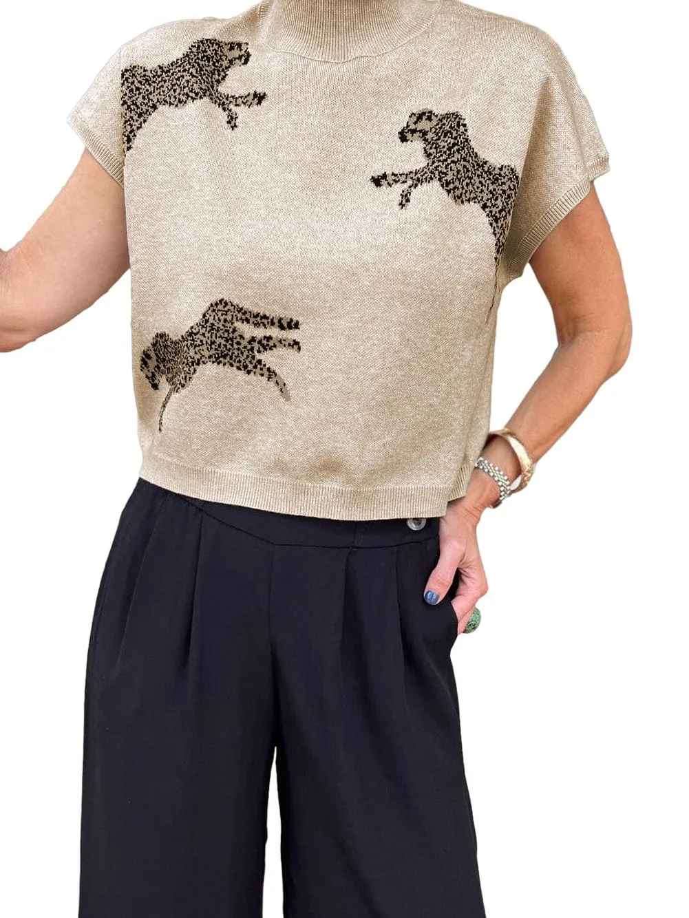 Apricot Cheetah Print High Neck Short Sleeve Sweater - Southern Belle Style