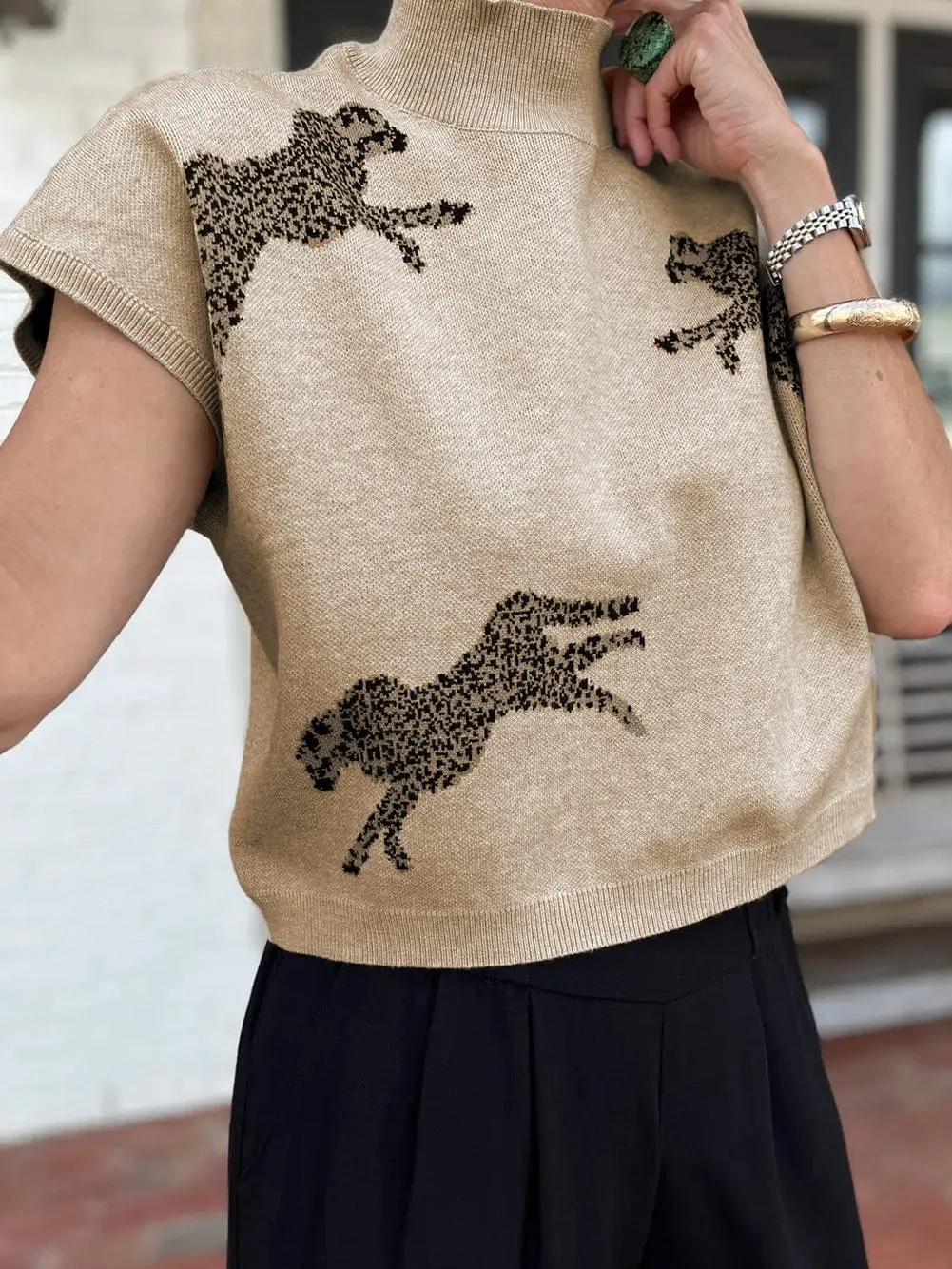 Apricot Cheetah Print High Neck Short Sleeve Sweater - Southern Belle Style