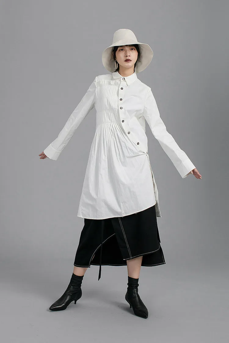 Asymmetric Folding Curved Pleated Middle Long Shirt Tunic-BB852