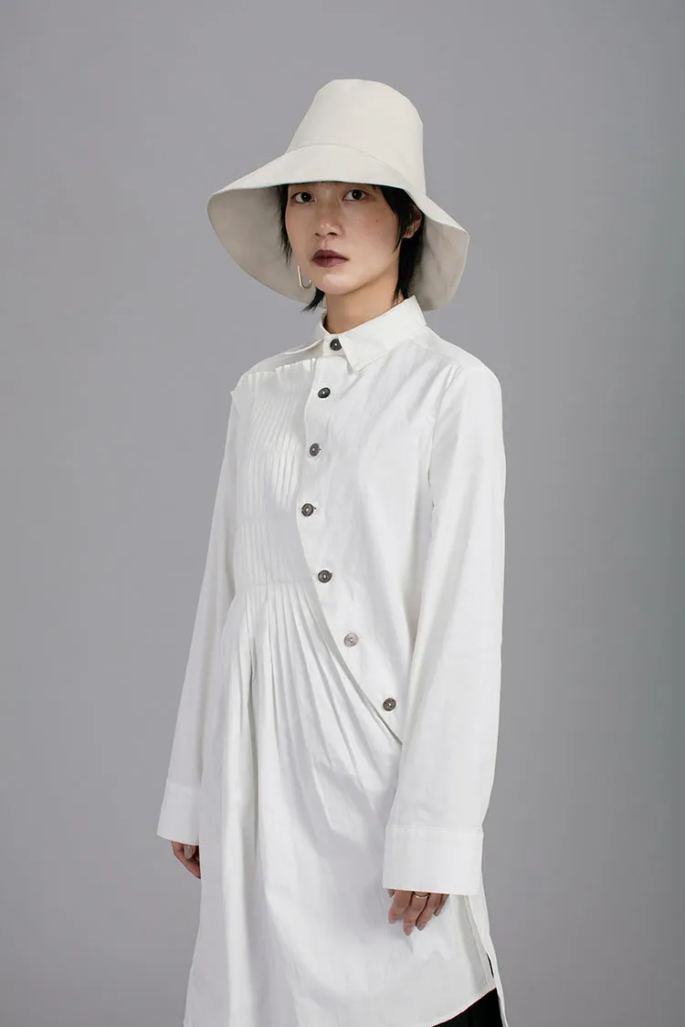 Asymmetric Folding Curved Pleated Middle Long Shirt Tunic-BB852