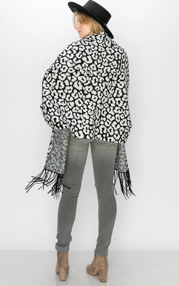 AV341 Animal Print Sleeve Cape Shawl with Fringe