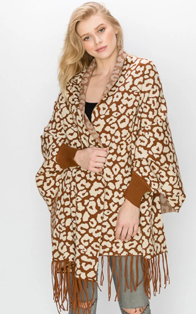 AV341 Animal Print Sleeve Cape Shawl with Fringe