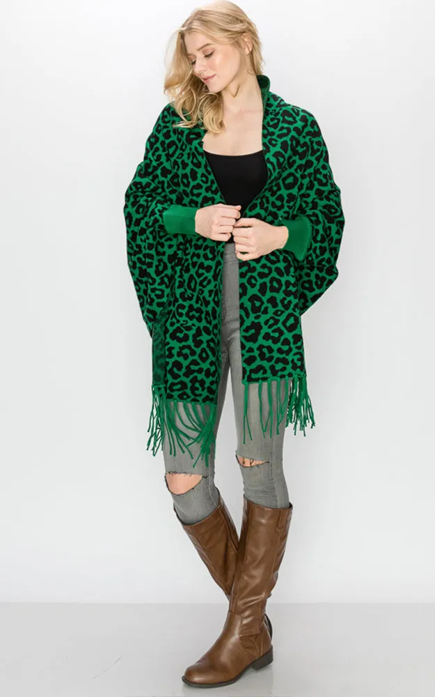 AV341 Animal Print Sleeve Cape Shawl with Fringe