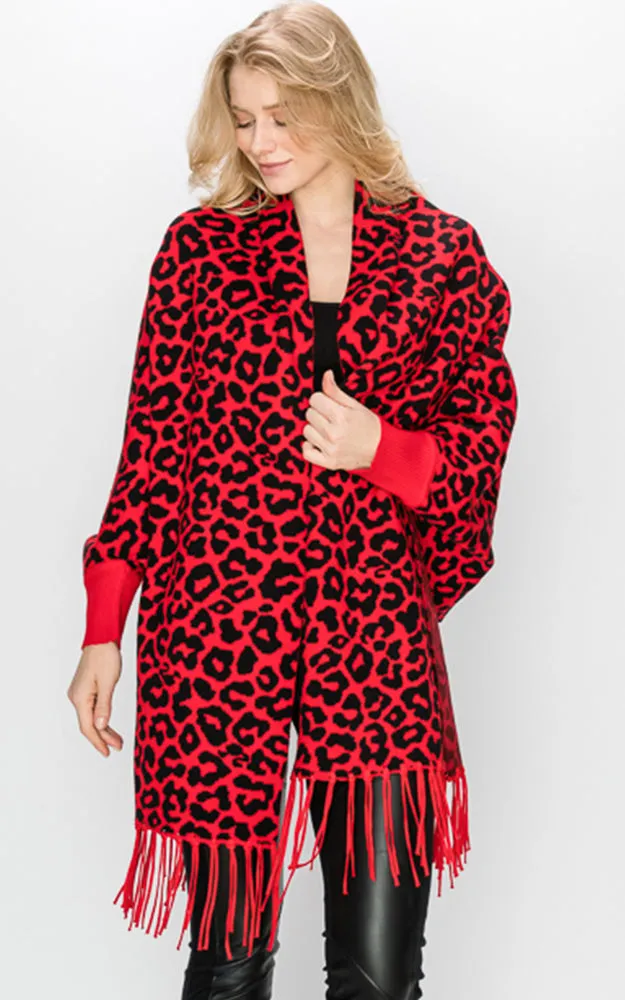 AV341 Animal Print Sleeve Cape Shawl with Fringe