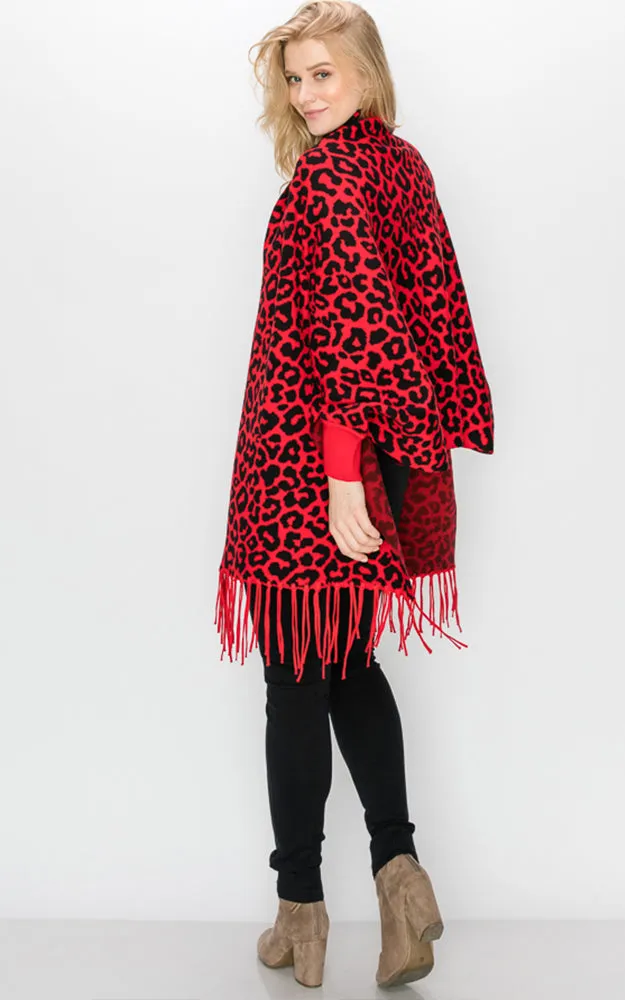 AV341 Animal Print Sleeve Cape Shawl with Fringe