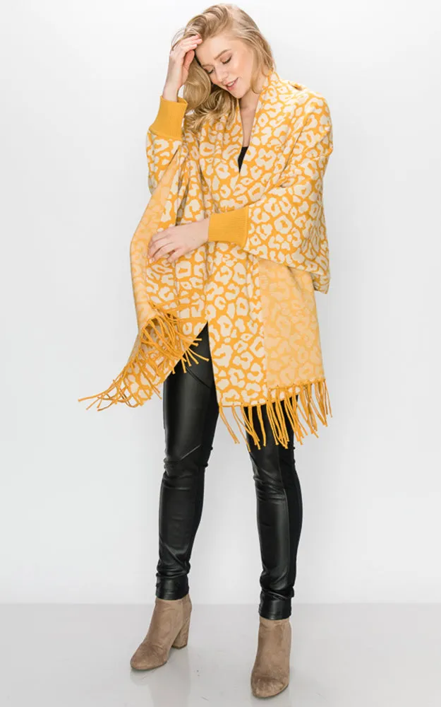 AV341 Animal Print Sleeve Cape Shawl with Fringe