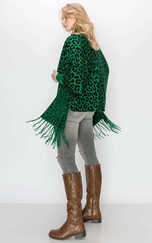 AV341 Animal Print Sleeve Cape Shawl with Fringe