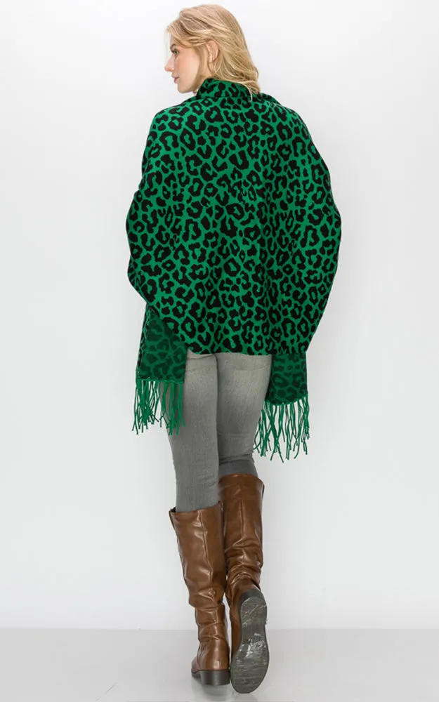 AV341 Animal Print Sleeve Cape Shawl with Fringe