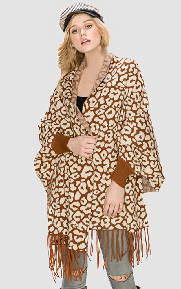 AV341 Animal Print Sleeve Cape Shawl with Fringe