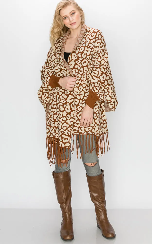 AV341 Animal Print Sleeve Cape Shawl with Fringe