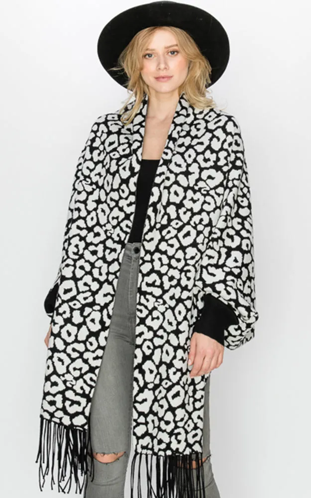 AV341 Animal Print Sleeve Cape Shawl with Fringe