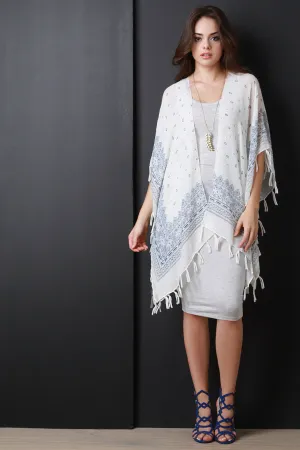 Bandanna Style Paisley Printed Fringe Hem Poncho