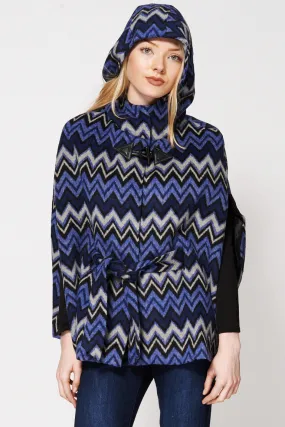 Batwing Zig Zag Print Cotton Blend Hooded Poncho Cape