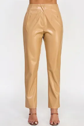 Beige Faux Leather Straight Pants