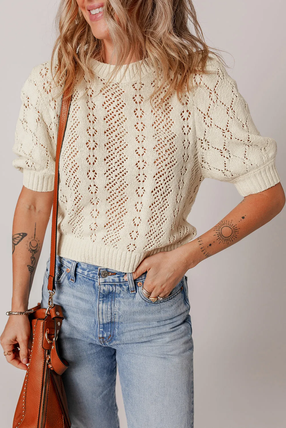 Beige Hollowed Knit Plain Puff Sleeve Top