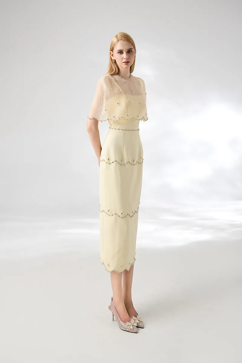 BEIGE SHEATH ROUND NECK MESH TAFFETA DRESS