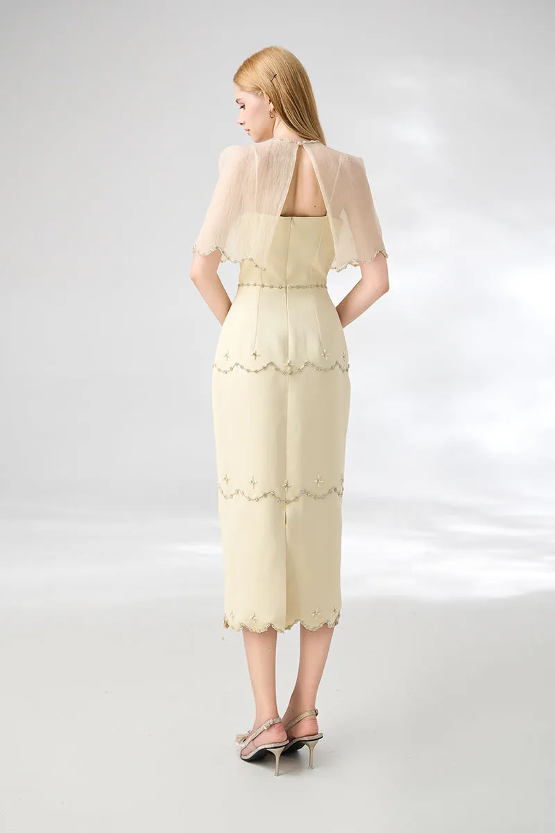 BEIGE SHEATH ROUND NECK MESH TAFFETA DRESS