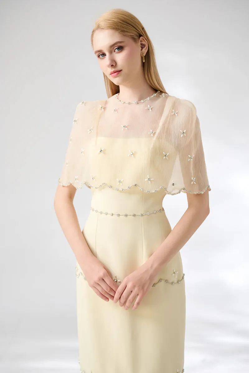 BEIGE SHEATH ROUND NECK MESH TAFFETA DRESS