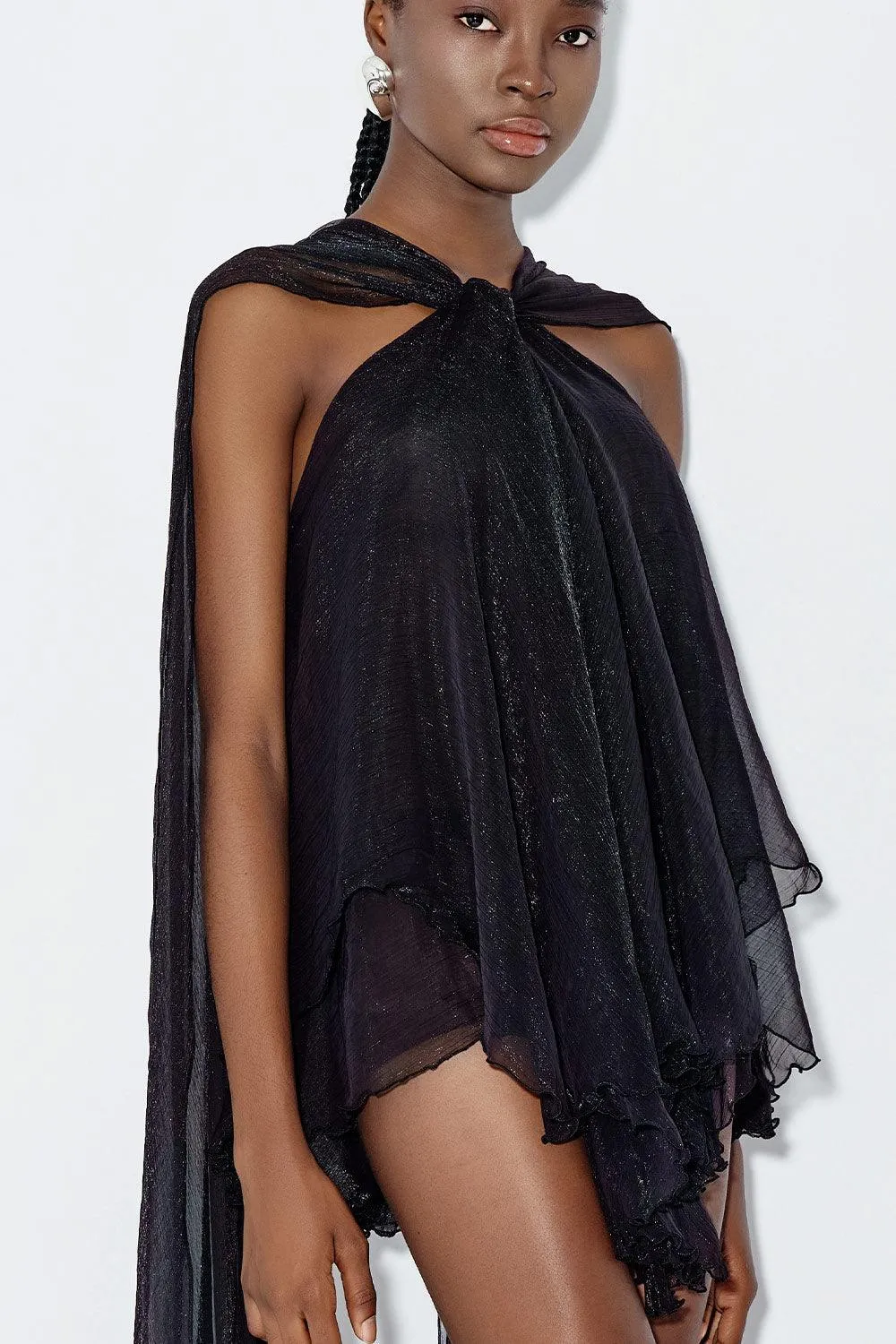 Bergamot Tent Cape Shoulder Chiffon Mini Dress