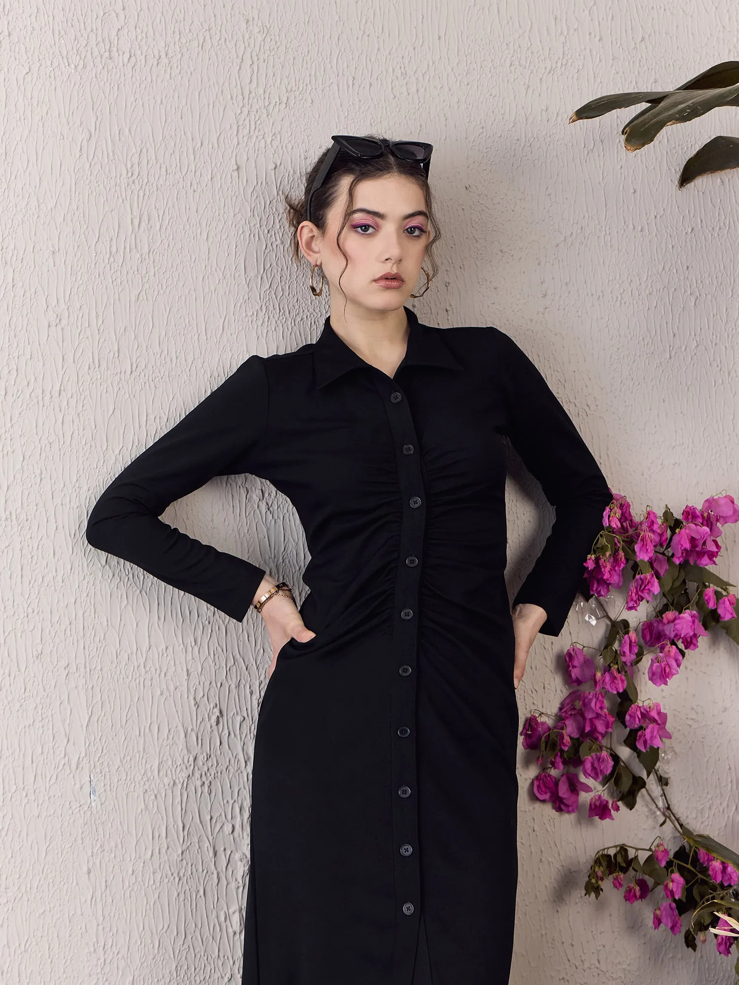 Berrylush Women Solid Black Collar Neck Long Sleeves Front Button-Up Straight Hem Knitted Bodycon Midi Dress