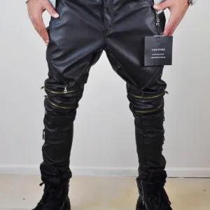 Biker Drop Crotch Side Pocket False Zippers Knee Side Leather Harem Pants