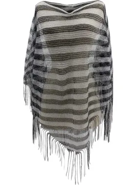 Black & White Stripe Metallic Mesh Poncho Shawl