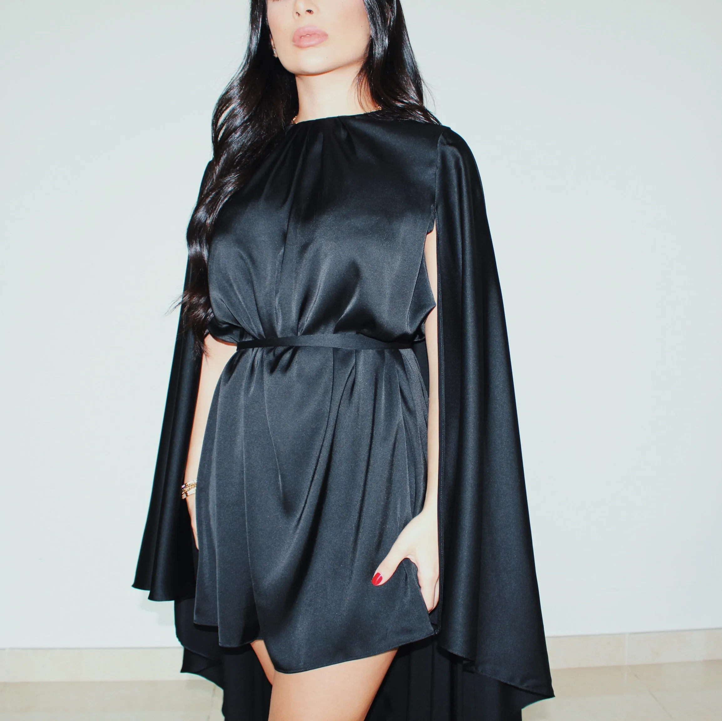 BLACK CAPE MINI DRESS