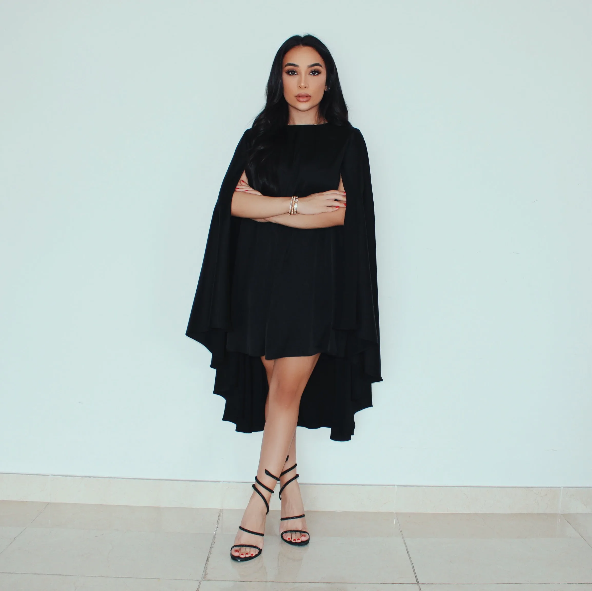 BLACK CAPE MINI DRESS