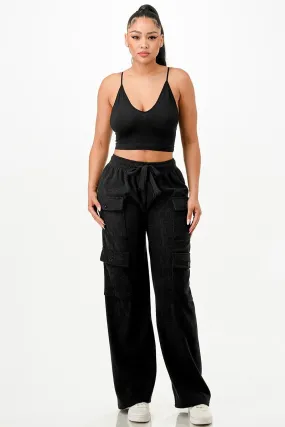 Black Drawstring Waist Corduroy Cargo Pants