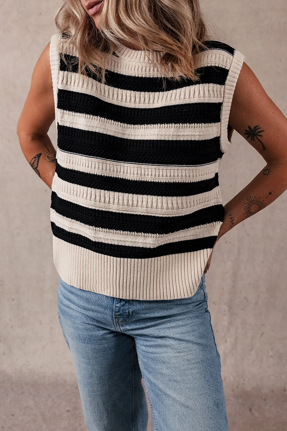 Black Stripe Ribbed Trim Knitted Sweater Vest