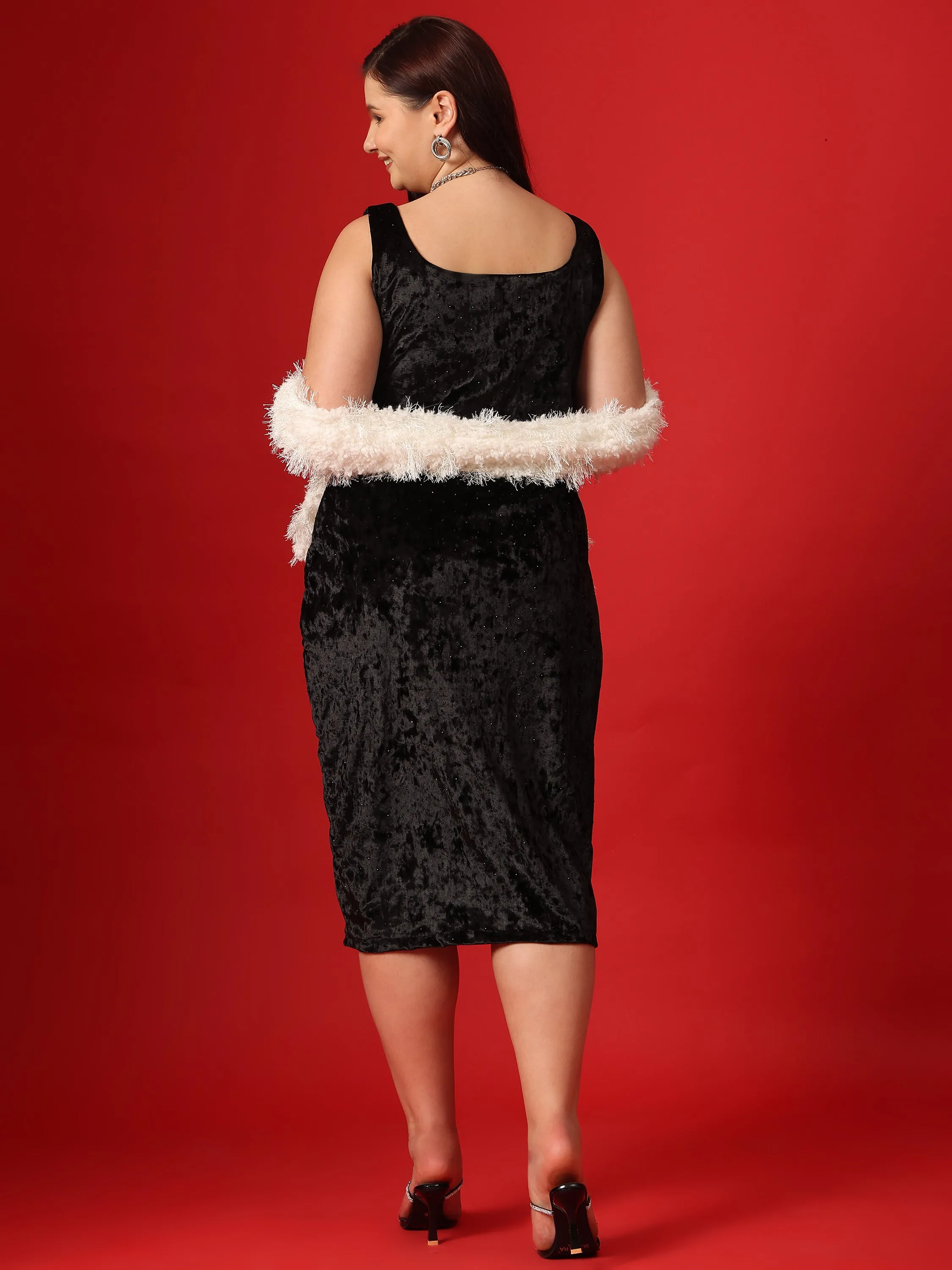 Black Velvet Bodycon Dress with Scarf