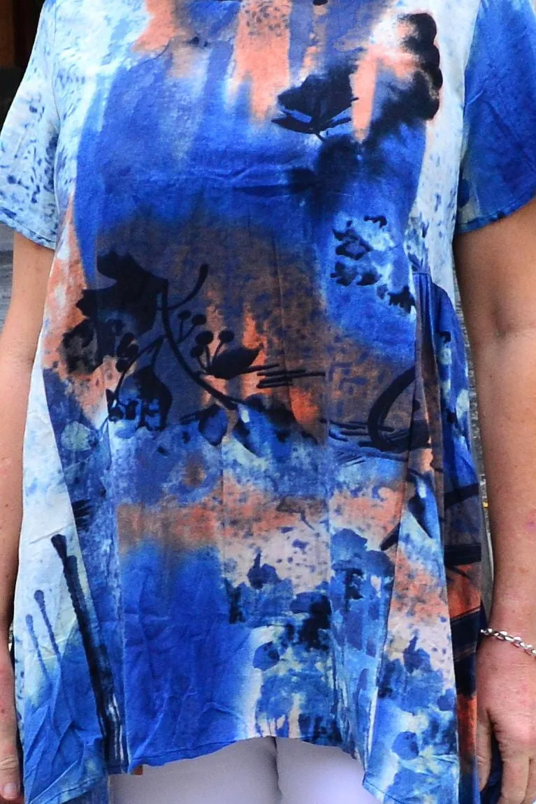 Blue Abstract Linen Tunic Top