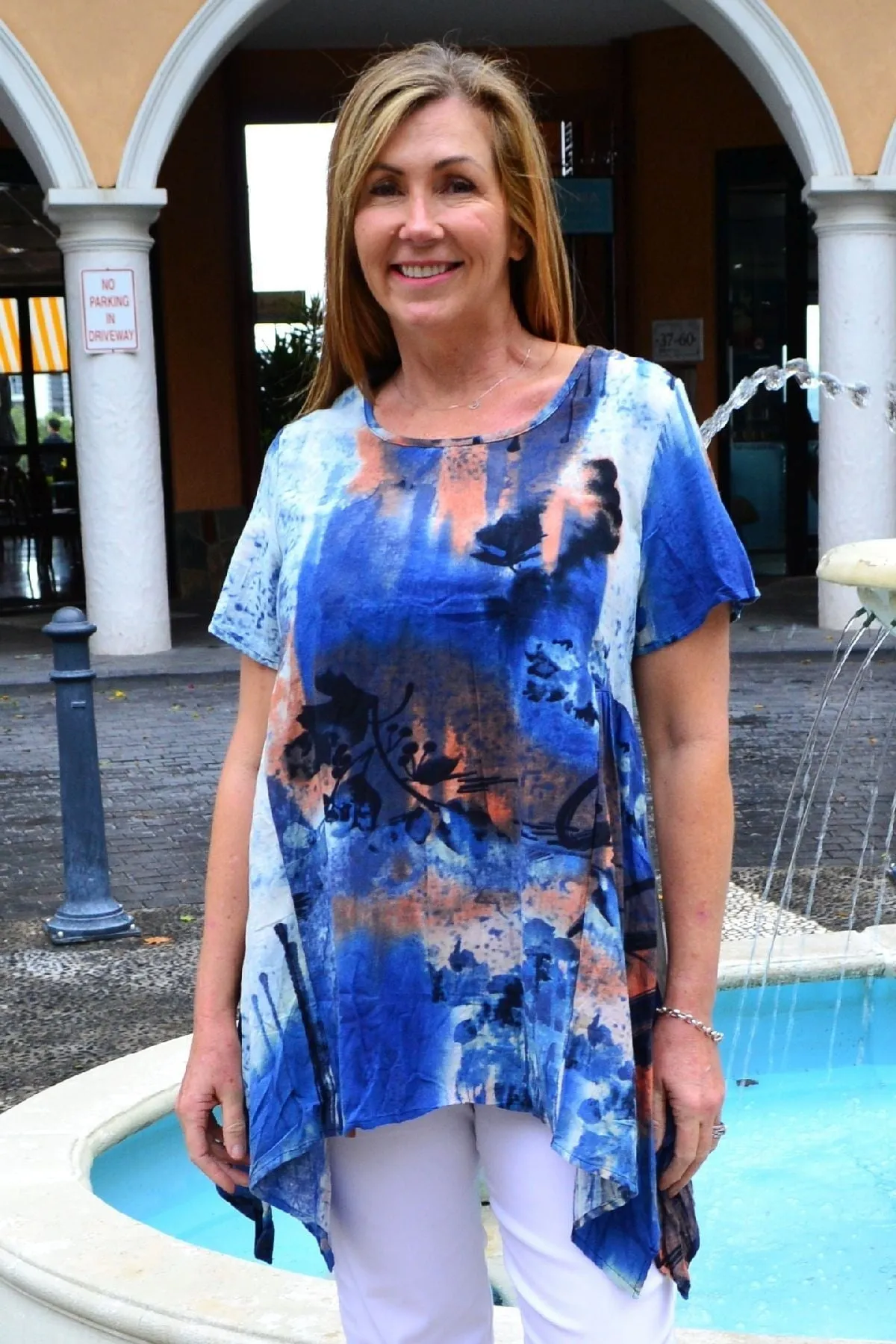 Blue Abstract Linen Tunic Top