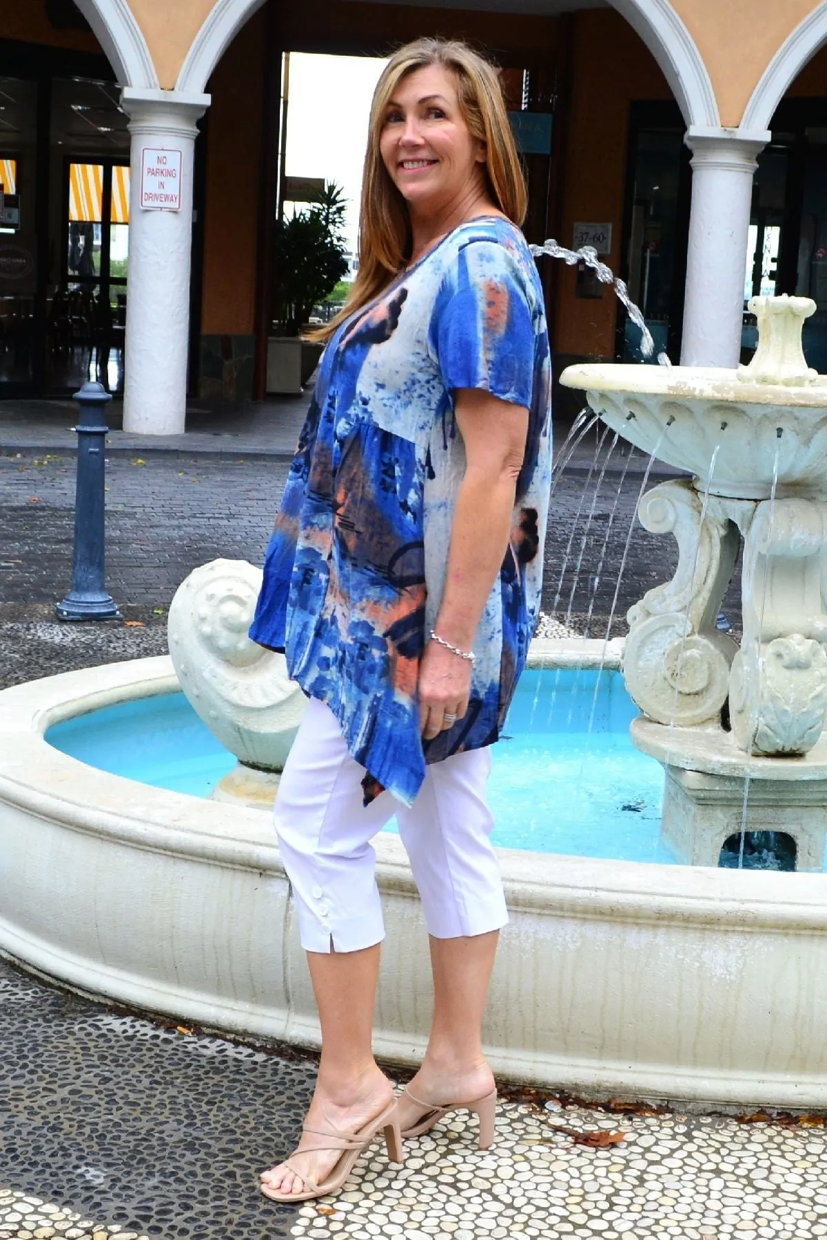 Blue Abstract Linen Tunic Top