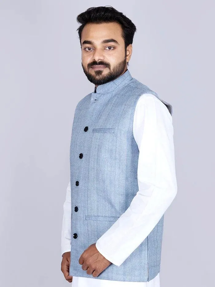 Blue & White Handwoven Cotton Modi Jacket